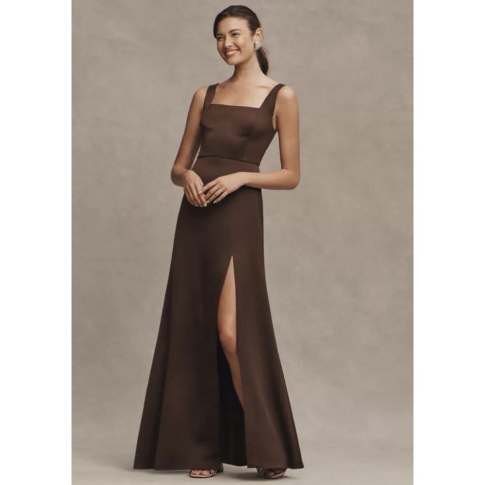 NWT BHLDN Sophia Chocolate Brown Satin Maxi Dress Square Neck M Autumn Wedding